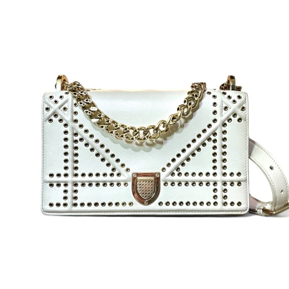 Christian Dior Lambskin Studded Small Diorama Flap Bag Off White Chain Bag 2 Way